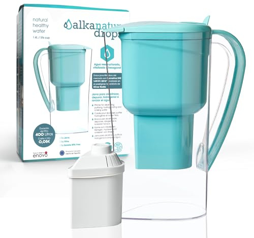Jarra Filtradora de Agua Alkanatur Drops con Filtro - Depura + Hidrogena + Ioniza + Aporta Magnesio Elimina Metales + Bacterias - Normativa UNE 149101:2015 Capacidad 1.4L Libre de Tóxicos - ALKANATUR
