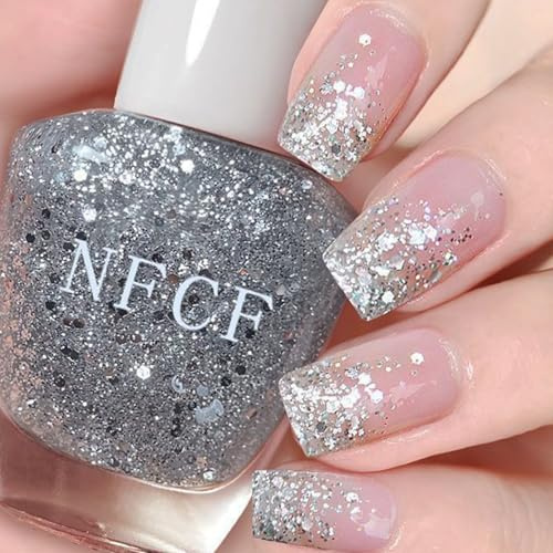 Glitter Nail Polish - Clear Glitter Nail Varnish - Quick Dry & Long Lasting Breathable Sparkly Nail Polish - Glossy Chip Resistant Shiny Silver Nail Varnish No Need Cured for Women DIY Nail Art