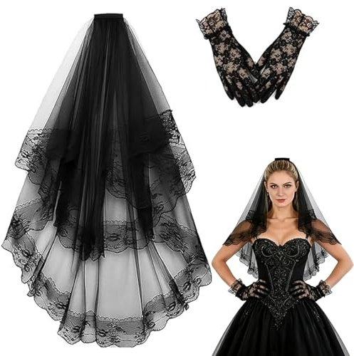 Schleier Schwarz, Halloween Brautkleid, Schwarzer Schleier Mit Kamm, Elegante Brautschleier Für Hochzeit, Halloween, Cosplay, 1x Veil Und 1x Spitzenhandschuhe