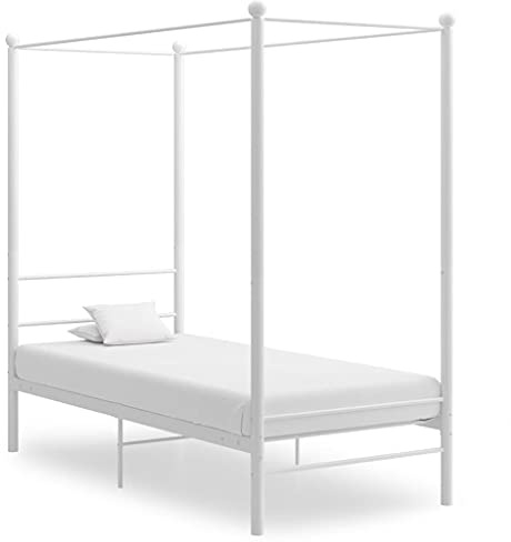 Bucmath Himmelssäng, vit, metall, 90 x 200 cm, enkelsäng med ribbotten, robust plattformssäng för sovrum, elegant design