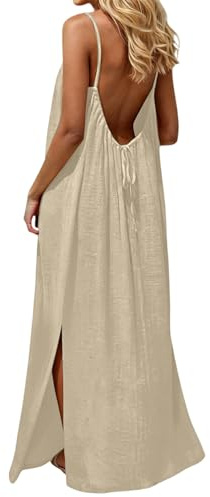 Vestido de verano para mujer, espalda descubierta, vestido largo con abertura lateral, tirantes delgados, monocolor, elegante, vestido de playa, plisado, maxivestido bohemio, vestido de ocio, vestido