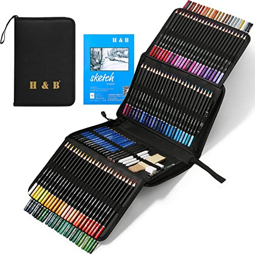 H & B Coloured Pencils and Sketch Pencils 145 Pcs with Sketch Book and Pencils Case,Artist Colouring Pencil Professional Drawing Pencil Set for adult Artists,Painter Ideal for Sketching