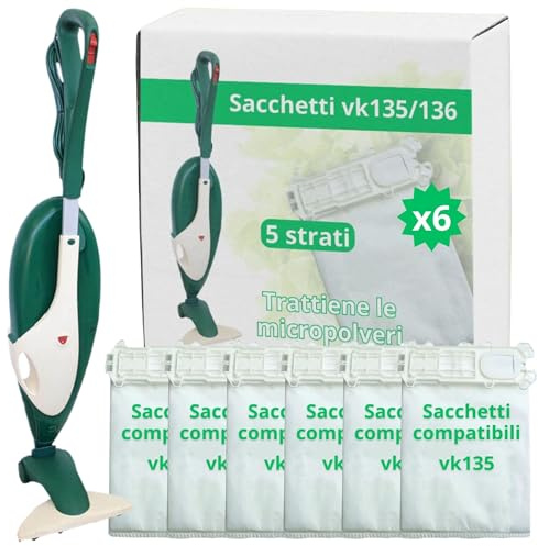 NAMAI - Set di 6 Sacchetti Folletto VK135 e VK136, Ricambi Compatibili, Microfibra Resistente, Antibatterici, Ricambi Folletto (6 Sacchetti)