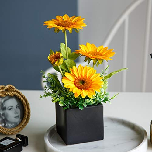 NAWEIDA Artificial Sunflower Flowers in Pot, Faux Yellow Daisy Arrangement with Black Square Vase, Fake Plants for Home Office Table Decor, Wedding Party Decoration