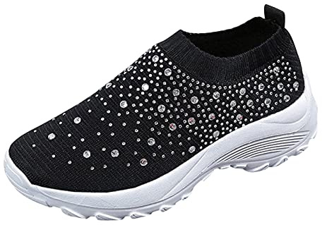 Woaikeyu Compensé Strass Baskets Femme sans Lacets Chaussures de Course Casual Chaussures de Sport Plateforme Respirant Tendances Sneakers Noir 39
