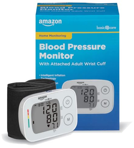 Amazon Basic Care Wrist Blood Pressure Monitor - Digital BP Monitor with Large Display and Intelligent Inflation Technology