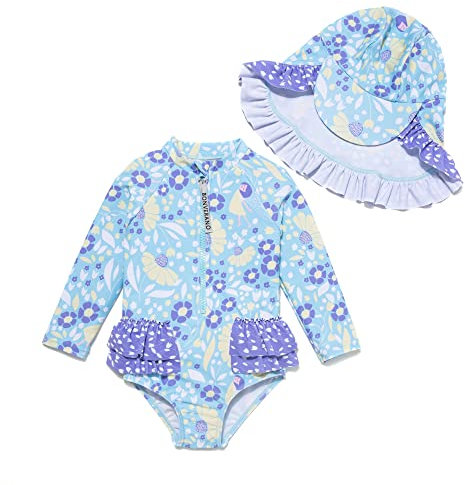 BONVERANO Maillot de Bain Une pièce à Manches Longues pour bébés Filles Protection UV 50+ avec Bonnet de Bain (Bleu-Jasmin,24-36mois…