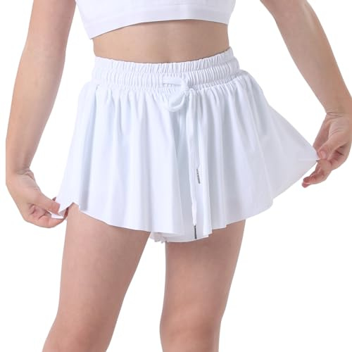 Short fluide pour fille Preppy Short 2 en 1 avec poches pour danse, gym, sport, aire de jeux, blanc, 10-12 ans