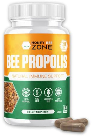 HONEYBEEZONE-Bee Propolis Capsules – 100% Natural Energy and Immune Support Supplement | Non-GMO, Gluten-Free, 60 Easy-to-Swallow Veggie Capsules