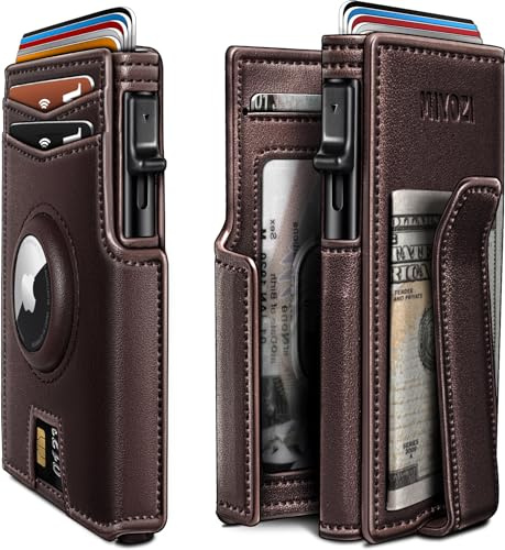 miyozi Airtag Wallet for Men,with Money Clip 10 Cards Metal Case Smart Slim Pop Up Credit Card Holder Flip with Magnetic Closure RFID Blocking Wallet with Gift Box, Burgundy004, One Size, Minimalist