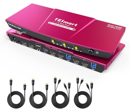 TESmart USB 3.0 HDMI KVM Switch 2 Monitors 2 Computers 4K@60Hz, Dual Monitor KVM Switch HDMI 2 Port Extended Display, Audio&Microphone, EDID Emulators, Hotkey Switch, Button Switch with Input Cables