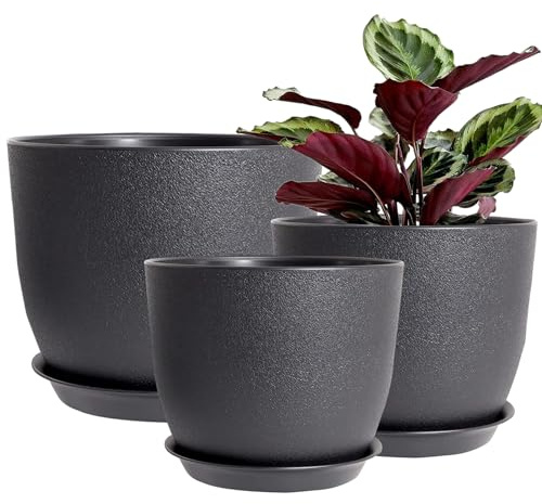 PROFIKLA 30cm, 25cm,23cm Plastic Plant Pots, Pack of 3 Planters, Large Plant Pots with Drainage Holes and Saucers, Modern Decorative Flower Pots, Black