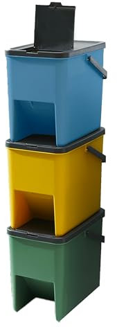 Lot de 3 Poubelles Empilables 20L pour Recyclage BERGEN Poubelles de Tri Sélectif en Plastique, Couleurs Jaune, Bleu, Vert et Gris