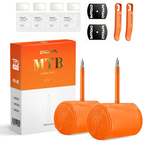 CYCLAMI Cámara Bicicleta Carretera 63g Ultraligera TPU MTB29×1.90/1.95/2.0/2.1/2.125 Bicicleta de Montaña con 45mm Válvulas Presta，2 Piezas(Incl. Kit de reparación de cámara de Aire)