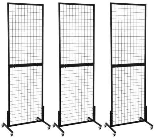 HIDODO Freestanding Grid Wall Panel Standing Wire Grid Display Rack with T-Base Wheels, Gridwall Panel Tower for Shows, Black (3 Pack)