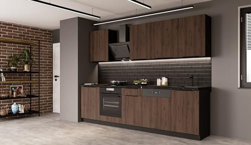 Küche Monza Basic 280 cm Küchenzeile Küchenblock Einbauküche Nussbaum Okapi matt + Schwarz matt