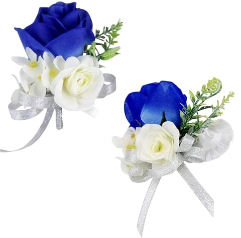 Upstore Artificial Rose Wrist Corsage Boutonniere Set Handmade Wrist Flower Corsage Hand Flower with Ribbon Wedding Flower Accessories Prom Suits Decoration Blue and White