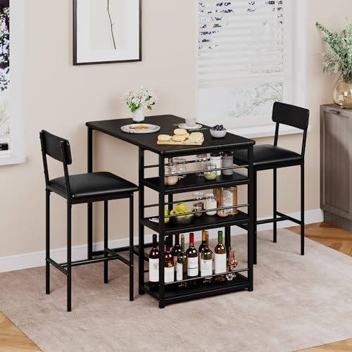 Ensemble Table de Bar 3 Pièces - Table à Manger Debout avec 2 Chaises Rembourrées - Table Haute Cuisine avec 3 Étagères pour Cuisine Salon Maison - Style Moderne - Noir