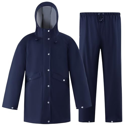 Rain Suit Waterproof Jacket Rain Suits for Men Women Waterproof Heavy Duty Rain Gear Long Rain Jacket Coat & Pants(Navy,XL)