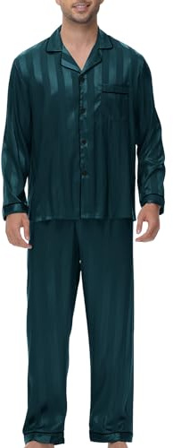 Atxnn Pigiama da Uomo in Raso a Righe Set Pigiami Due Pezzi Lungo Autunnale Pantaloni e Maglia a Maniche Lunghe con Bottoni