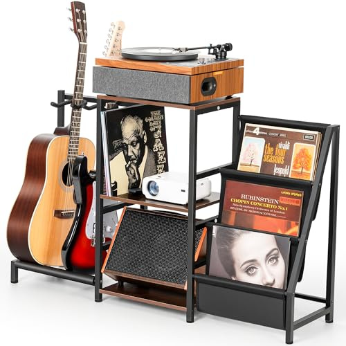 CAHAYA Supporto per Chitarre e Vinili 4-in-1: Mobile per Giradischi con Capacità 200 LP & 2 Chitarre - Scaffale per Amplificatore, Chitarra Elettrica, Basso, Acustica