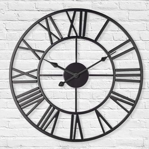 TrendMakers 40 CM Large Wall Clock with Roman Numerals – Vintage Inspired Black Metal Skeleton Design, Silent Quartz Movement, Decorative Wall Clock for Modern & Classic Interiors (40 cm)