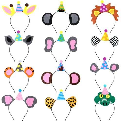 Giegxin 24 Pcs Birthday Jungle Animals Ears Headbands Safari Zoo Party Felt Headbands for Women Men Hair Hoops Photo Booth Props Party Favors and Decorations