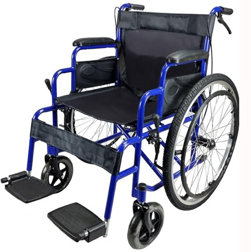 Folding Wheelchair Self Propelled Lightweight Transit Footrest Armrest Brake Large Wheel Mobility Aid from FreeToBe (Blue, 18 Wide SEAT)