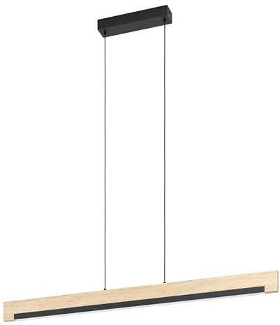 Eglo LED lámpara colgante Camacho, lámpara suspendida de 1 luz regulable, lámpara de techo de acero, madera y plástico, lámpara para comedor en negro, natural, blanco, lámpara de salón colgante