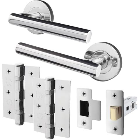 EAI Door Handle Latch Set Polished Chrome | Round T-Bar Internal Door Handles, Latch (64mm) & Hinges (76mm) | Silver Lever on Rose Oliena Range