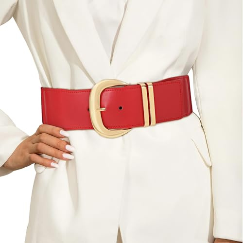 JASGOOD Women Wide Elastic Waist Belt for Dresses Fashion Ladies Stretchy Leather Waistband with Gold Buckle, Red, Fits Waist Size 24-28