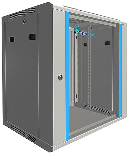 Extralink Armario Rack de 19 12U - Armario de Red de 450mm, para Montaje en Pared o Suelo, hasta 60 kg, Puerta de Cristal Templado, Apertura de 180° Gris - para Red doméstica y Equipos informáticos