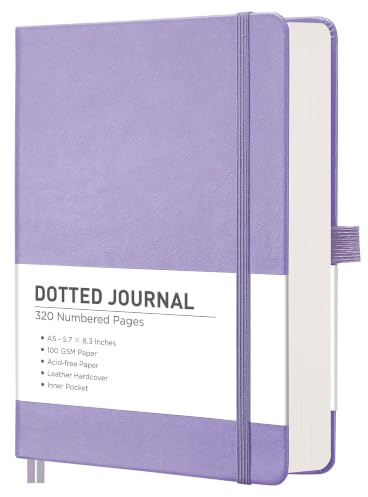 RETTACY Notebook A5, Dotted Bullet Journal with 320 Numbered Pages - Leather Hardcover Notepad, 100gsm Thick Paper, for Bullet Journaling Doodling Planning Office School, 14.5 x 21cm, Purple