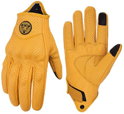 mjmoto Guantes de Moto Clásicos Amarillos de Piel de Cabra con Agujero, para Verano, Ciclismo, Equitación, Guantes Protectores para Motociclistas (Yellow-Hole, M)
