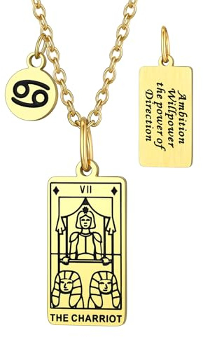Suplight Tarot Charm Edelstahl Anhänger Der Wagen Kette Rechteck Charms Glück Amulett Charms mit Sternzeichen Krebs Damen Herren Schmuck Zubehör, Gold
