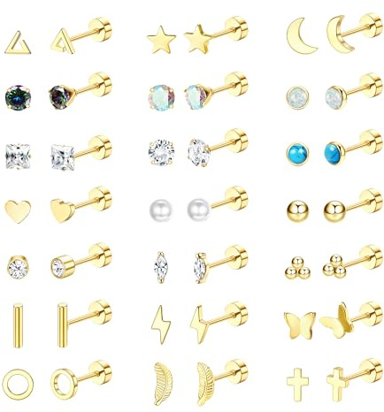 Diamday 21Paires Boucles d'Oreilles Acier Chirurgical Femmes Hommes Piercing Oreille Helix Cartilage Tragus Boucles d'Oreilles Hypoallergénique Clou d'Oreille Plat Petite Boucles d'Oreilles Piercing