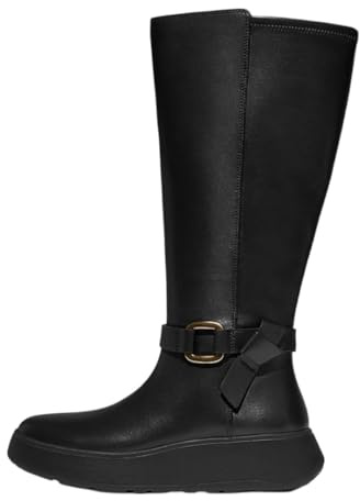Fitflop F-Mode Botas altas de piel con anillo cuadrado para mujer, hasta la rodilla, color negro, talla 4.5, Black, 37.5 EU