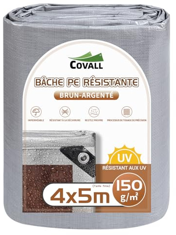 COVALL Bâche 150g/㎡, Taille pêchée 4×5m, Housse de bâche imperméable Robuste avec œillets renforcés, Tapis de Sol résistant aux UV (Argent/Marron)