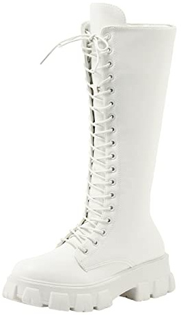 Bottes à plateforme gothique punk pour femme - Bottes en cuir avec talon bloc - Semelle profilée - Bottes mi-hautes à lacets - Bottes sauteurs - Bottes d'équitation en cuir synthétique - Bottes