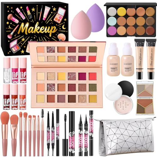 Set Maquillaje Mujer, Set Regalo Maquillaje Adolescente, Kit de Maquillaje Profesional Completo con Paleta Sombras de Ojos Corrector Contorno Base Líquida Eyeliner Mascara Gloss Labios Pinceles