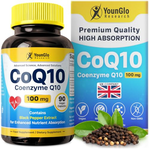 CoQ10 Coenzyme Q10, 100mg, 90 Vegan Capsules with Black Pepper Extract | YounGlo Research High Absorption CoQ10 Dietary Supplement with Piperine to Enhance Bioavailability, Take with Food