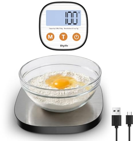 Separate Digital Kitchen Scale, [15kg/1g] Diyife Rechargeable Magnetic Weighing Scales Food, 4 High Precision Sensors Round Electronic Scales with Stainless Steel Platform,Tare, Fit for Baking,Cooking