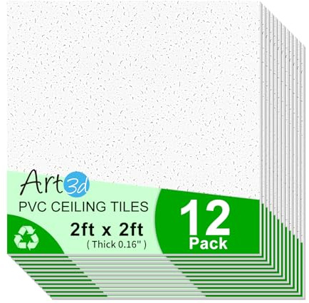 Art3d 24x24 Stucco Printed Drop Ceiling Tiles, 2x2ft Decorative PVC Ceiling Tiles for Home, Office, Restaurant and Gym, Covering 48 Sq.,ft, 12 Pack, White