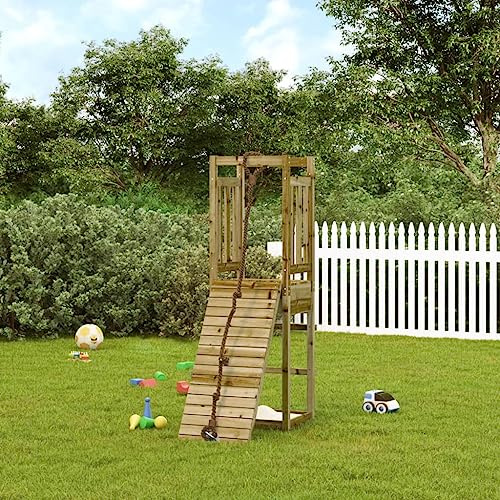 Runheo Tour de jeu avec mur d'escalade en bois de pin imprégné en autoclave, 53 x 114 x 169 cm, avec corde, échelle, plateau, bac à sable pour jardin et aire de jeux
