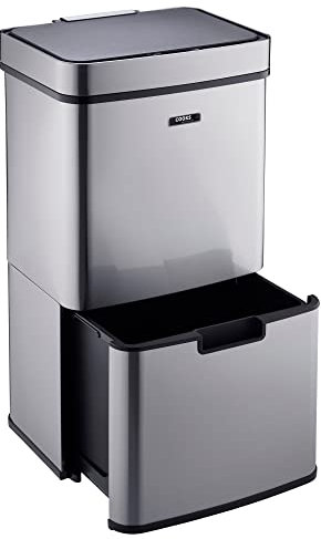 Cooks Professional Recycling Sensor Bin 75L with Dual Compartments and Removable Food Caddy for Kitchen | Smart Automatic Brushed Stainless Steel Bins | Silver