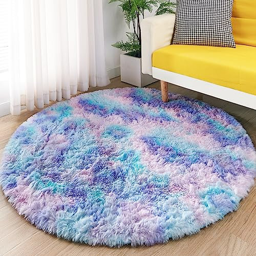 ROHATIM Rund Teppich Flauschig, Plüschteppich für Schlafzimmer & Wohnzimmer, Weicher Kinderteppich Mädchen, Moderner Kuscheltteppich Blau-violett, 150 x 150 cm