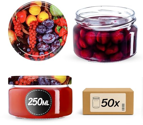 KADAX Glasburkar 250 ml, små konserveringsburkar med metalllock för hemlagad sylt, marmelad och honung, burkar för förvaring av kryddor och örter (frukt, set med 50)