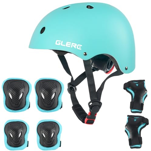 Glerc Set de protección infantil con casco para rodillas, codos y muñecas para niños y niñas mayores de 8 años, ajustable, para skateboard, patines, bicicleta, patinaje, color cian