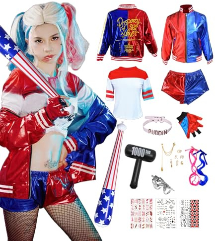 ChouGlow Quinn Costume, Cosplay Outfits con Cappotto, T-shirt, Pantaloncini, Guanti, Vestito Cosplay Costumi per Halloween Carnevale (Adulto, S)