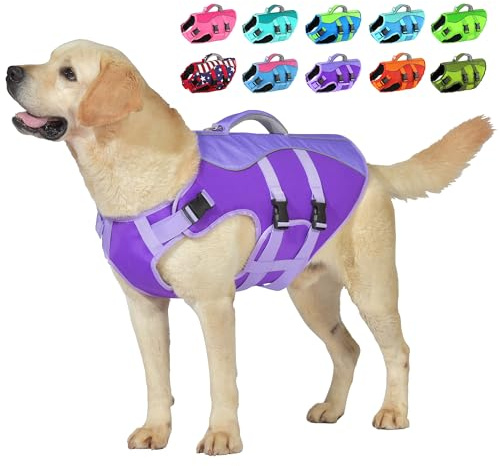 Petglad Dog Life Jacket, High Buoyancy Dog Life Vest with Handle for Swimming Boating, Adjustable Swimming Vest with Reflective Trim for Small Medium Large Dogs - Purple, S